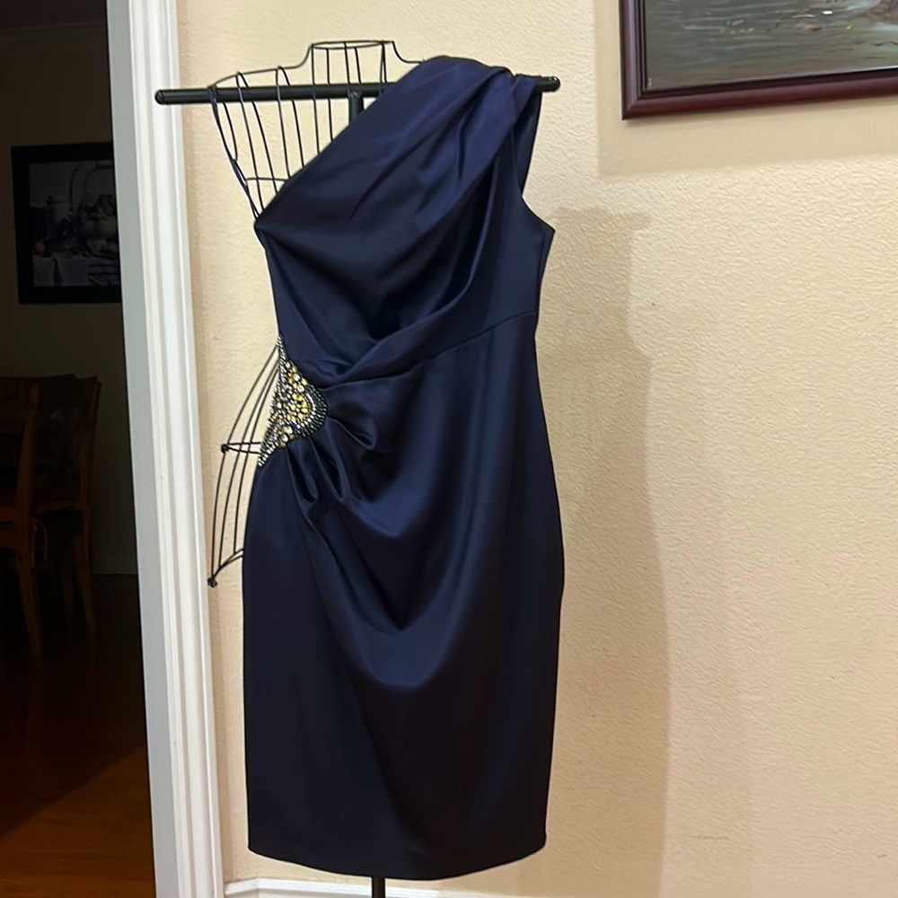 Navy blue one shoulder dress.